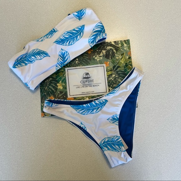 Cupshe Blue Feather Bandeau High Leg Bikini XS - Picture 2 of 13
